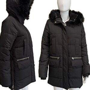 Abercrombie & Fitch Puffer Long Coat Womens Size Small Black Faux Fur Hood Parka